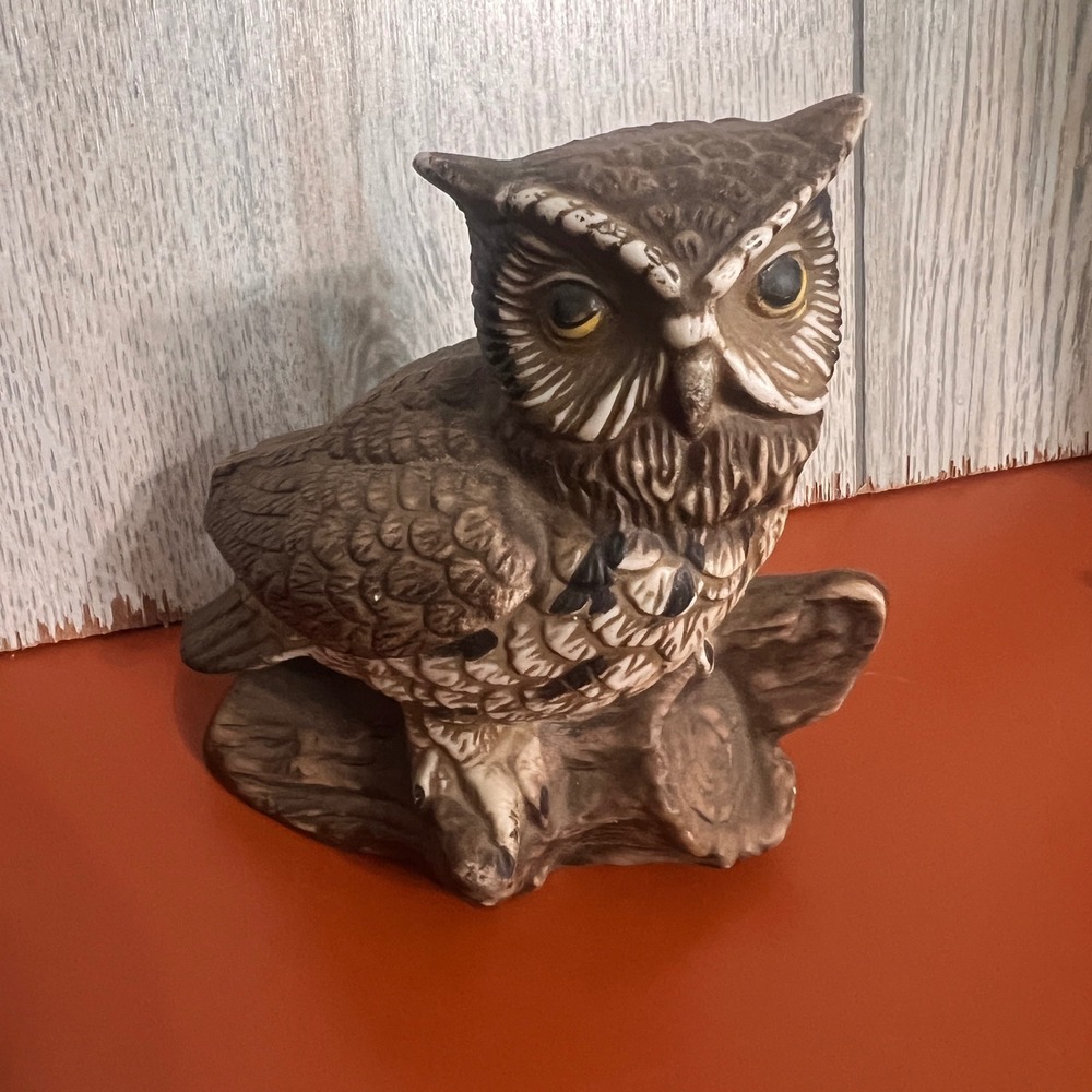 Vintage Homco Owl Figurine Ceramic Bird Statue Brown 1114 Made in Taiwan 4.5"